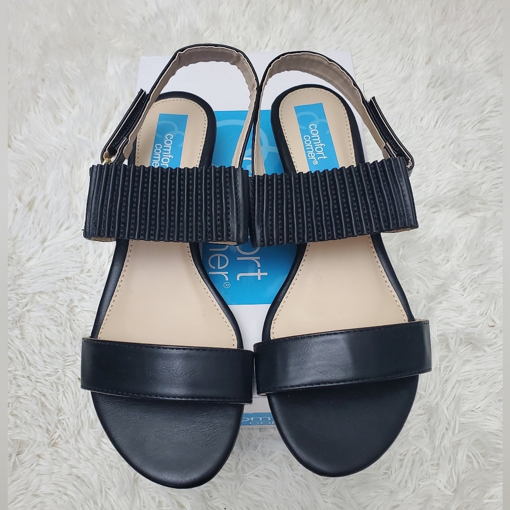 Comfort Corner Black Wedge Strappy Sandals 9 M NIB NEW